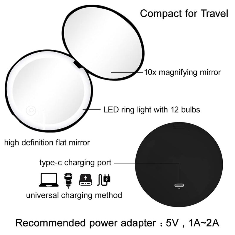 Milishow Compact Mirror with LED Light 1x/10x Magnifying Rechargeable Mirror 3.5in  Dimmable Travel Mirror for Purse Pocket Handheld 2-Sided Makeup Mirror - Image 4